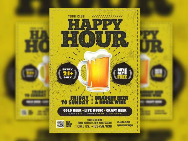 Border Yellow and Black Happy Hour Flyer Template 1