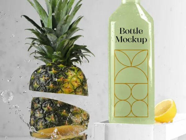 Bottle Mockup with Pineapple Lemon and Ice Cubes 1