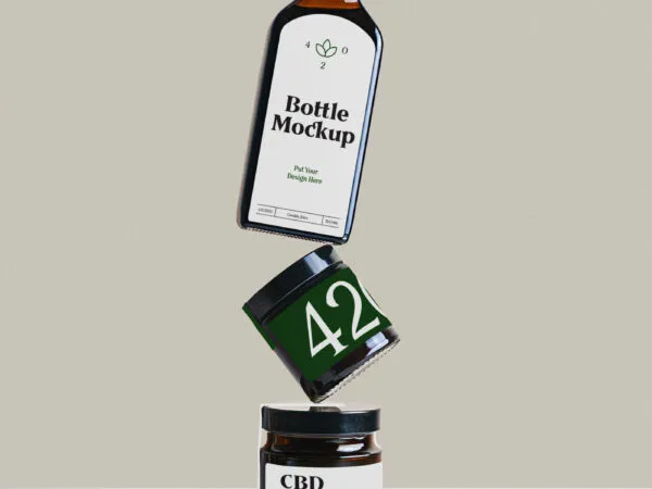 Bottle and 2 Jars Floating on Each Other Mockup 1