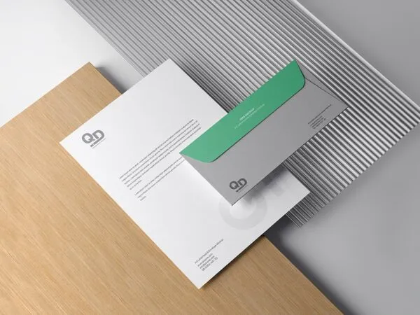 Branding Mockup Featuring A4 Letterhead and Envelope in Perspective 1