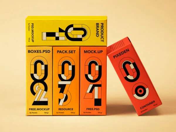 Branding Mockup of 5 Tall Rectangle Boxes in Front View 1
