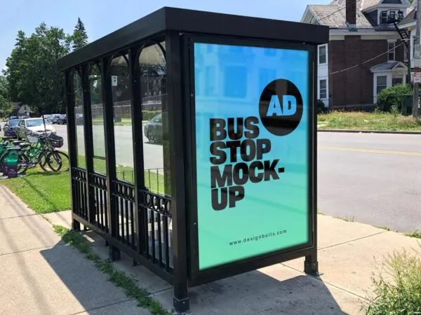 Bus Shelter Advertisement on Sidewalk Mockup 1