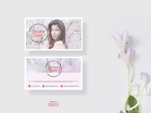Business Card Front and Back with Blooming Flower Aside Mockup 1