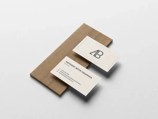 Business Card on Wooden Board Front and Back Mockup 1