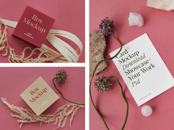 Card and Box Mockup with Stones in Top and Perspective Sights 1