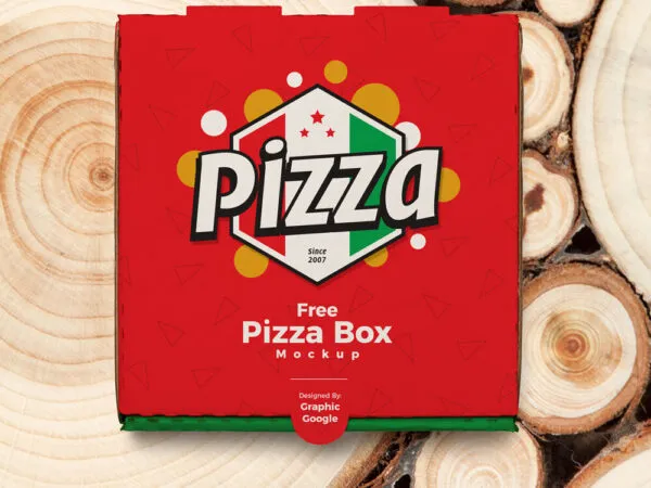 Cardboard Pizza Box on Wooden Circle Tree Trunks Mockup 1