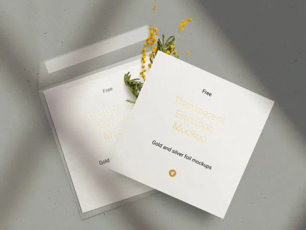 Cards and Transparent Envelop Decorated with Flower and Overlaid Shadow Mockup 1