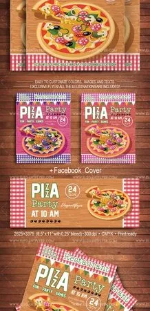 Cartoon Illustrative Pizza Party Flyer Template and Facebook Cover 1