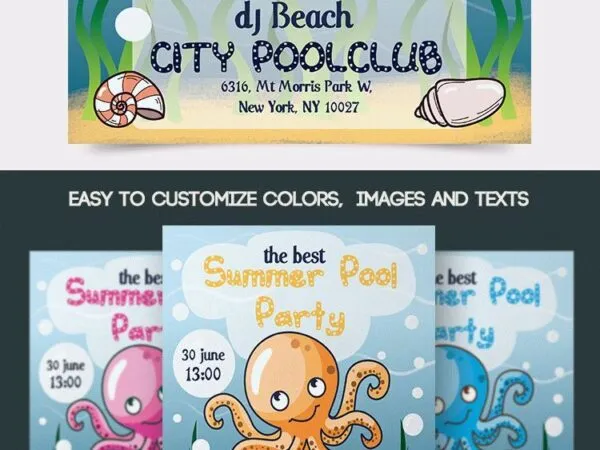 Cartoon Summer Pool Party Flyer and Facebook Cover Template 1