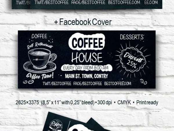 Chalk Illustrated Coffee Shop Flyer and Facebook Cover Template 1