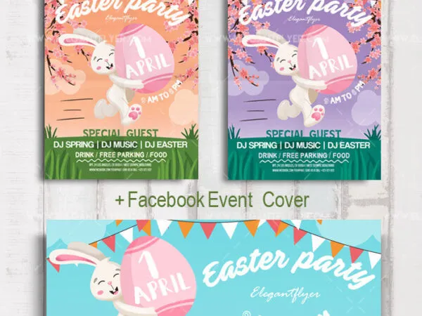 Cheerful Illustrated Easter Party Flyer and Facebook Cover Templates 1