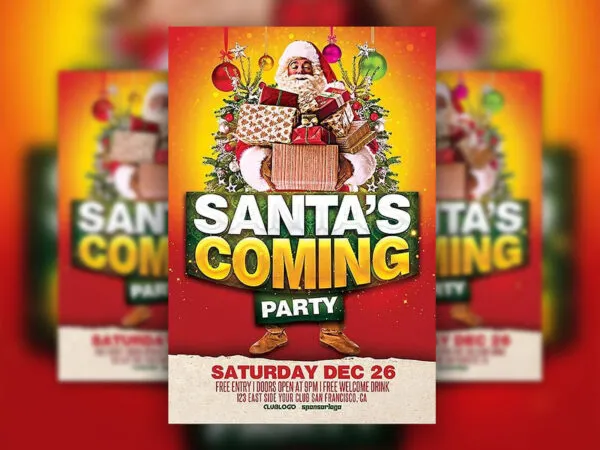 Christmas Party Flyer Template Featuring Santa Holding Gifts 1