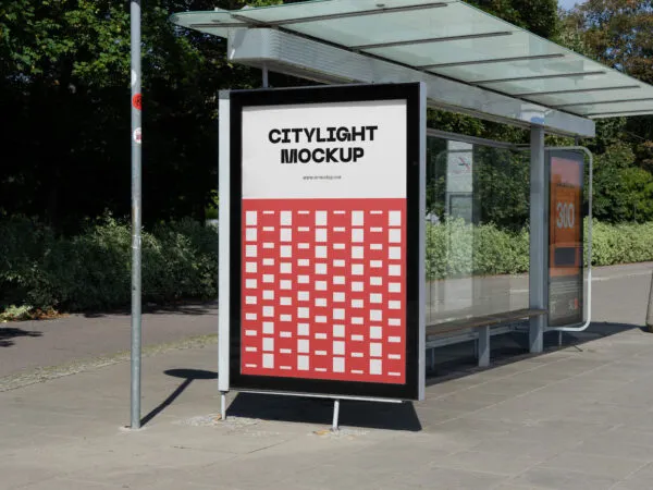 Citylight Mockup on Bus Stop in Perspective Sight 1