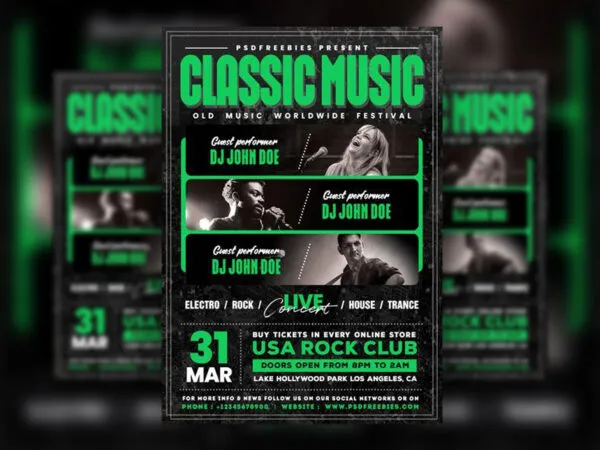 Classic Black and Green Indie Rock Music Event Flyer Template 1