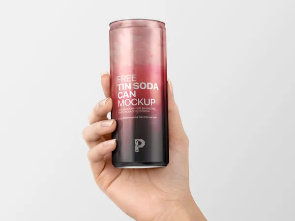 Close up Shot Female Hand Holding Tin Soda Can Mockup 1