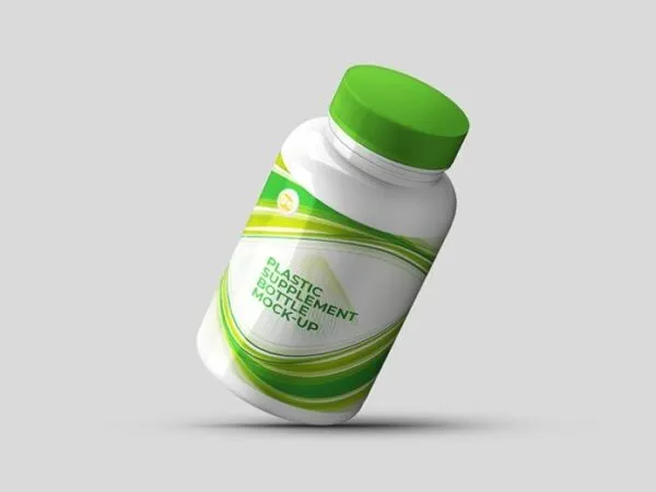 Close up Shot Floating Plastic Supplement Bottle Mockup 1