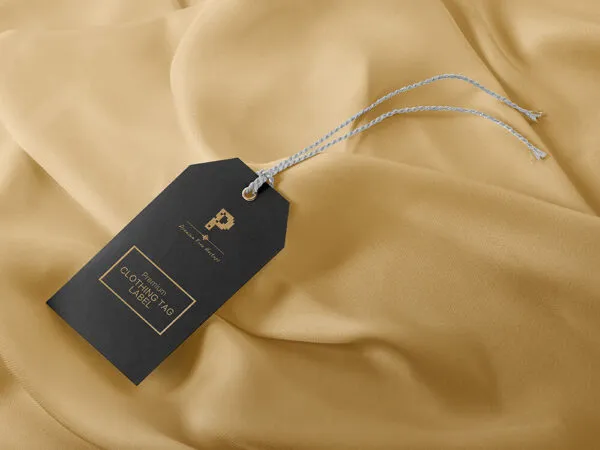 Clothing Tag Label with a String with a Fabric Background Mockup 1
