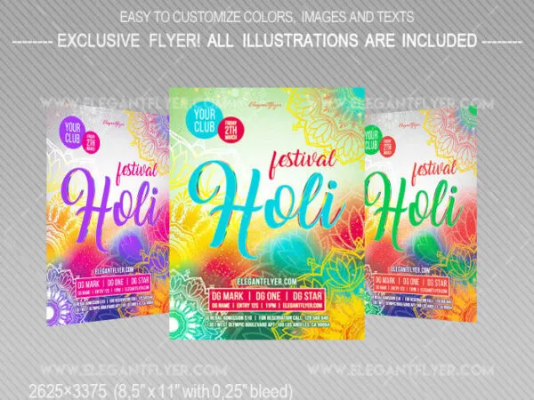 Colorful Bold Holi Festival Flyer Template and Facebook Cover 1