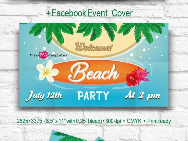 Colorful Illustrated Beach Party Flyer Template 1
