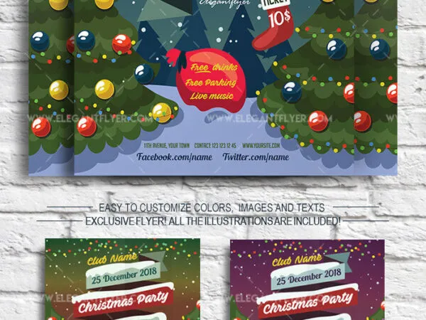 Colorful Illustrated Christmas Party Flyer Template and Facebook Cover 1