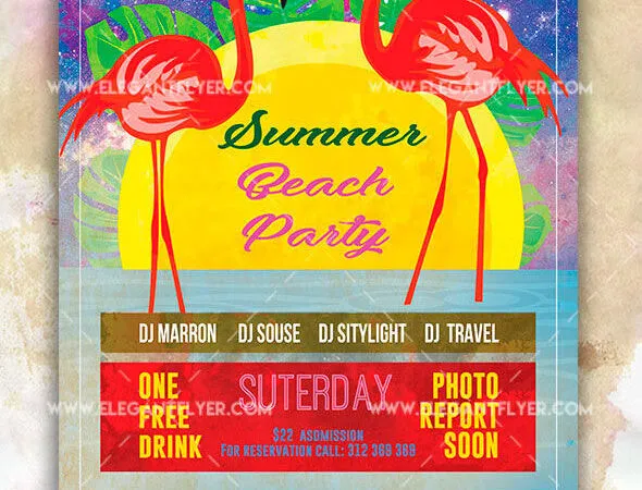 Colorful Illustrated Tropical Flamingo Friday Party Flyer and Facebook Cover Templates 1