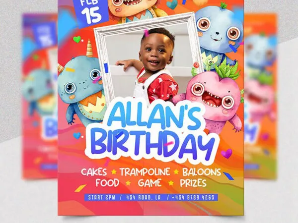 Colorful Illustrative Kid Birthday Flyer Template 1