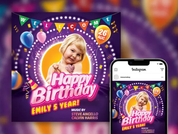 Colorful Kids Birthday Party Invitation Instagram Post Template 1