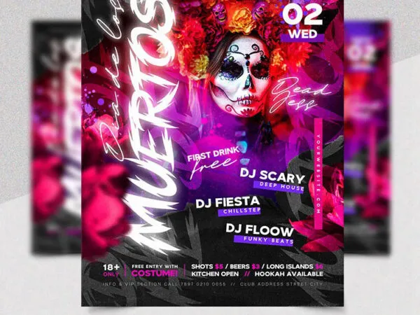Colorful Neon Dia De Los Muertos Flyer Template 1