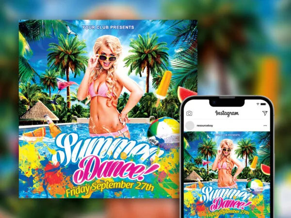 Colorful Tropical Splash Summer Pool Party Instagram Post Template 1