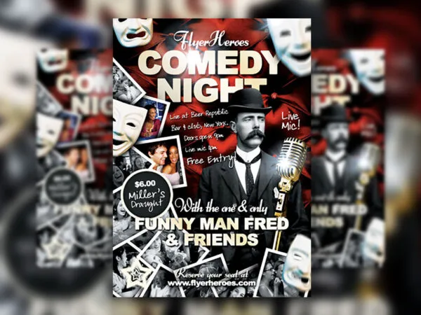 Comedy Flyer Template with Polaroids and Theater Masks 1