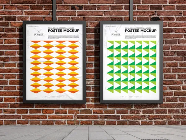 Commercial Street Poster Mockup with a Classic Brick Wall Background 1