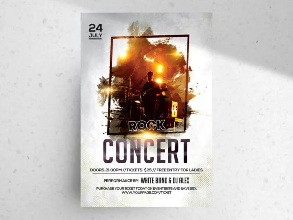 Concert Flyer Template Featuring White Theme and Frame at Center 1