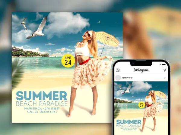 Cool Neat Tropical Summer Beach Party Instagram Post Template 1