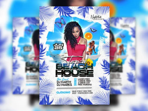 Cool Tropical Beach House DJ Party Flyer Template 1