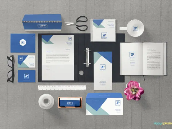 Corporate Identity Mockup Scene Including Open Book Letterhead Envelopes etc. 1