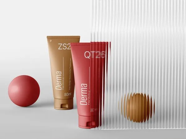 Cosmetic Packaging Mockup Featuring Two Tubes against a Glass Wall 1