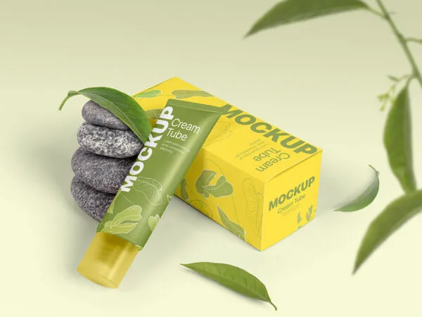 Cosmetic Tube and Packaging Box Mockup with Stones and Leaves 1