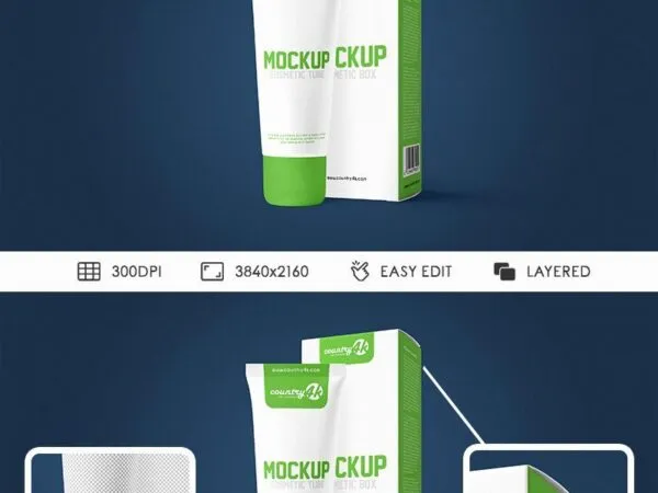 Cosmetic Tube in Front of Its Box Mockup 1