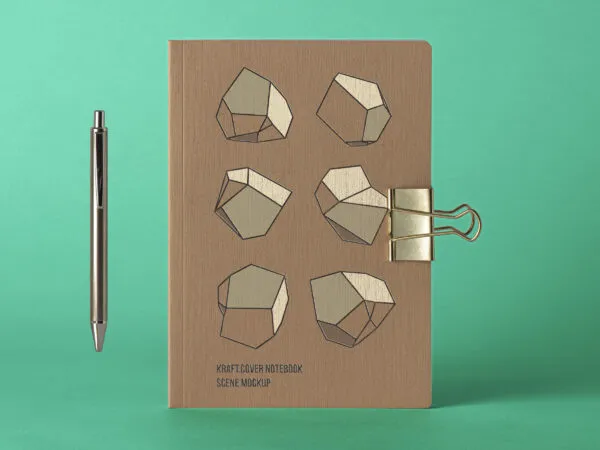 Cover Kraft Notebook Mockup Featuring Binder and a Pen 1