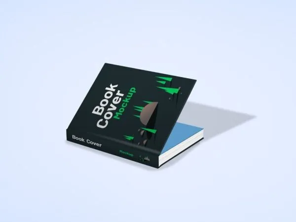 Cover and Spine View of Opened Hardcover Book Mockup 1