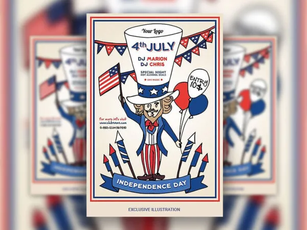 Cream Blue Red Illustrated 4th of July Party Flyer Template 1