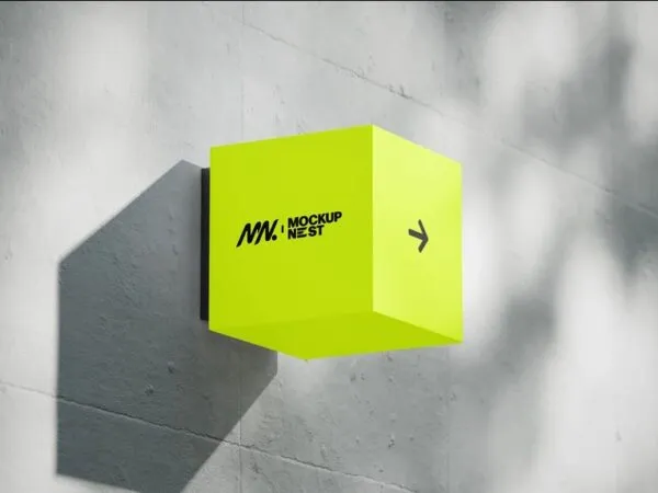 Cube Lightbox Sign Mockup on Concrete Wall 1