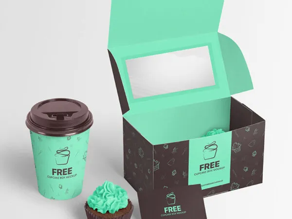 Cupcake Box Coffee Cup and Business Card Mockup Perspective View 1