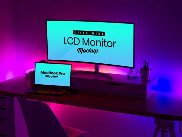 Curved Ultra Wide Screen LCD Monitor and MacBook Pro Mockup 1