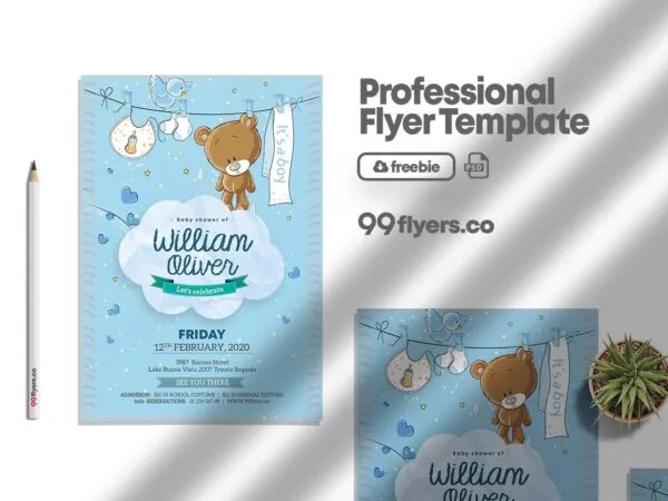 Cute Blue Illustrative Birth Announcement Flyer Template 1