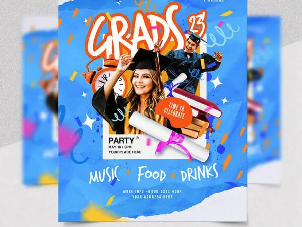 Cute Blue Illustrative Graduation Party Flyer Template 1