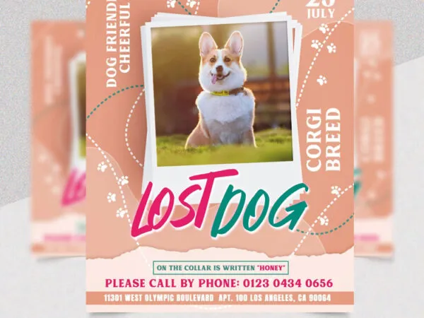 Cute Illustrated Frame Photo Lost Dog Flyer Template 1