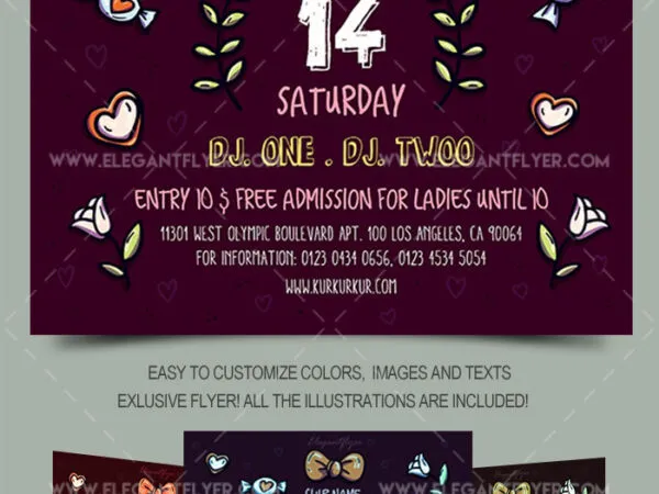 Cute Illustrative Valentines Day Party Flyer and Facebook Cover Template 1