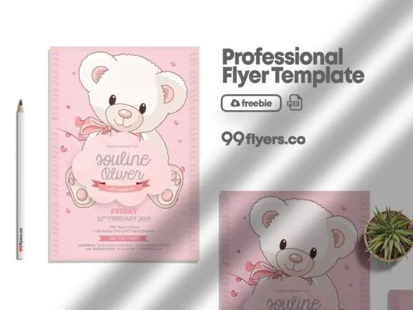 Cute and Pink Baby Shower Flyer Template 1