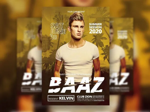 DJ Artist Event Flyer Template with Palm Trees in the Background 1